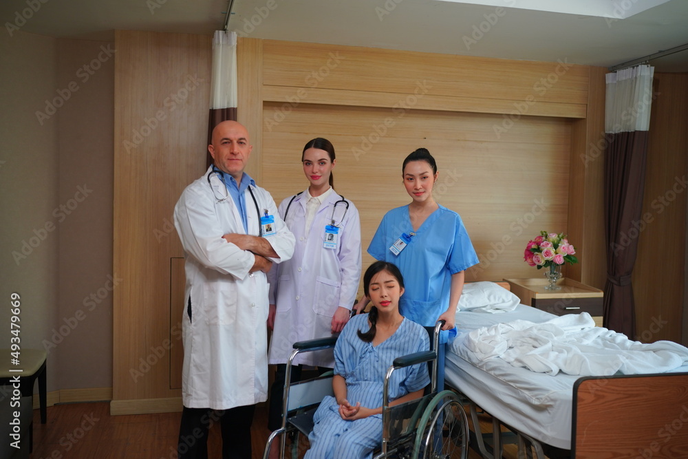 Obraz premium Healthcare people group. Professional doctor working in hospital office or clinic with other doctors, nurse and surgeon. Medical technology research institute and doctor staff service.
