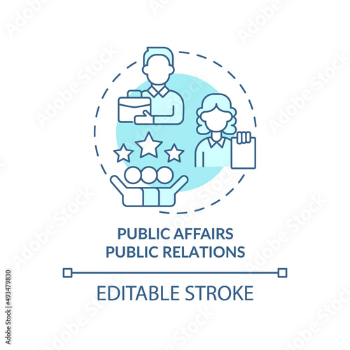 Public affairs PR turquoise concept icon. Organization ads. Types of promoting firms abstract idea thin line illustration. Isolated outline drawing. Editable stroke. Arial, Myriad Pro-Bold fonts used