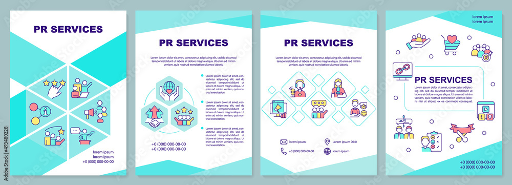 PR services mint brochure template. Organization reputation. Leaflet design with linear icons. 4 vector layouts for presentation, annual reports. Arial-Black, Myriad Pro-Regular fonts used