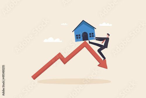 Property and housing market collapse, real estate stock risk. Property market crash. A businessman tries to keep the house from falling off the top of the graph price.