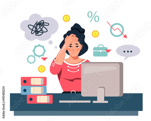 The dismissed sad woman is sitting at the table in front of the computer. Job search. The concept of financial crisis and unemployment. Job cuts. Vector illustration