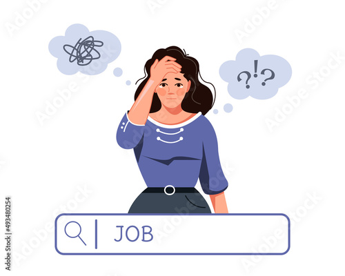 Job Search - A fired sad woman is looking for a job. The concept of financial crisis and unemployment. Job cuts. Vector illustration