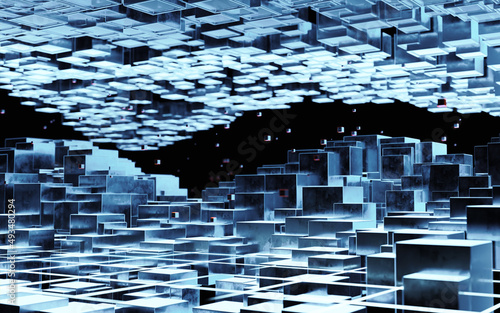Cubic cyberpunk space, conceptual geometry background, 3d rendering.