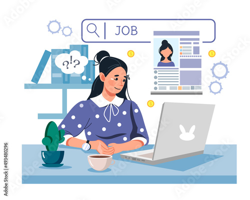 Job Search - A woman is looking for a job online from her computer from home. Sending resumes, job search. The concept of choosing an employee or staff, hiring staff or hiring employees.