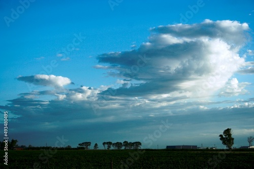 Tormenta en el horizonte con nubes cùmulos oscuras y claras en el campo con àrboles en silueta forman un bello paisaje natural con fondo de camiones de carga y nubes blancas