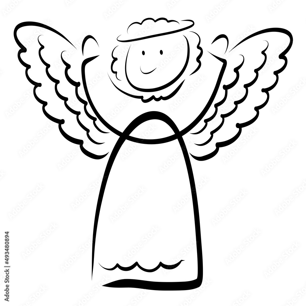 Fototapeta premium cute cheerful angel, stands with his hands raised to heaven, black outline