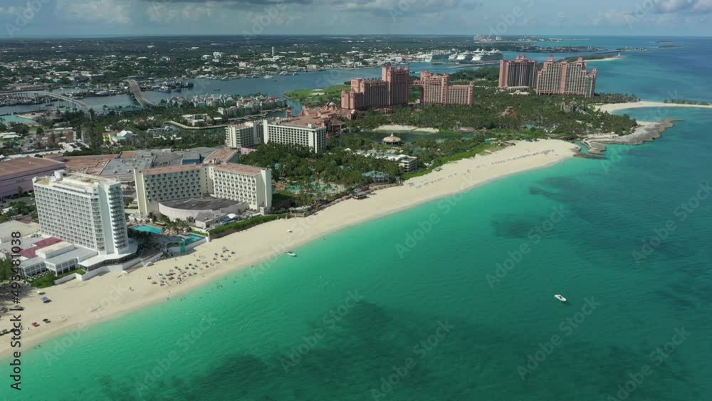 Flying over Paradise Island in Nassau, Bahamas. Caribbean vacation hotels and resorts. Flying over Paradise Island in Nassau, Bahamas. Caribbean vacation hotels and resorts.