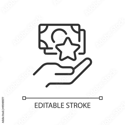 Cash bonus pixel perfect linear icon. Giving extra money. Supplemental income. Lump-sum payment. Thin line illustration. Contour symbol. Vector outline drawing. Editable stroke. Arial font used