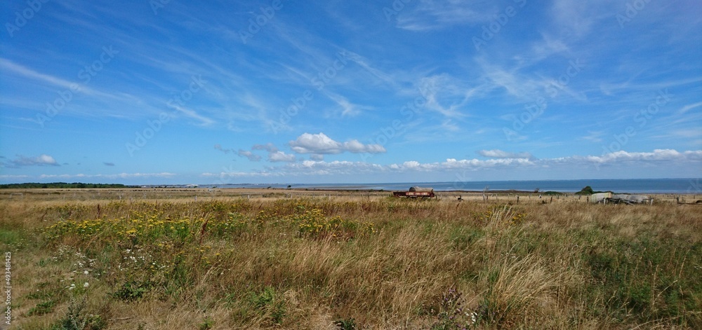 Blick auf das Wattenmeer vor der Insel Sylt über Felder und die Braderuper Heide Blick auf das Wattenmeer vor der Insel Sylt über Felder und die Braderuper Heide