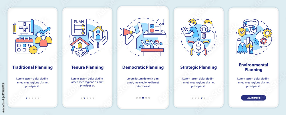 Types of planning onboarding mobile app screen. Tenure planning walkthrough 5 steps graphic instructions pages with linear concepts. UI, UX, GUI template. Myriad Pro-Bold, Regular fonts used