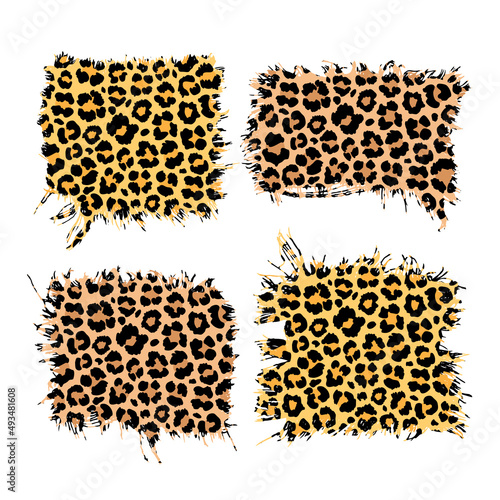 Leopard print torn fabric patchs set, Cheetah pattern distressed frames. Vector illustration