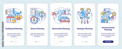 Types of planning onboarding mobile app screen. Tenure planning walkthrough 5 steps graphic instructions pages with linear concepts. UI, UX, GUI template. Myriad Pro-Bold, Regular fonts used