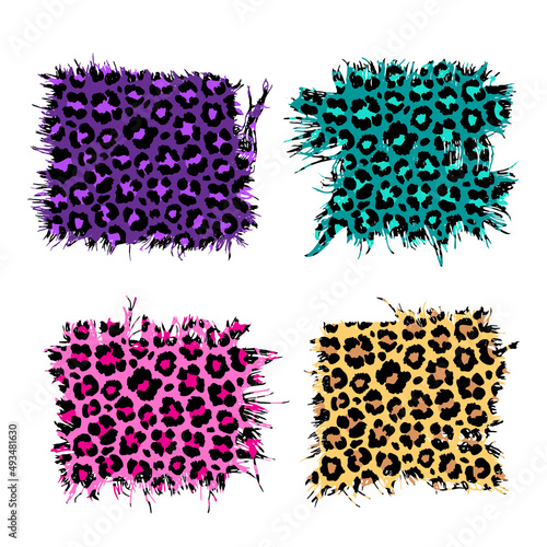 Torn fabric patchs set, Colorful leopard prints, Cheetah pattern distressed frames. Vector illustration