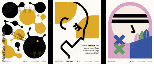Abstract art posters collection. Vector template with primitive shapes elements, modern hipster style. Illustrations of simple shapes, line, circle.