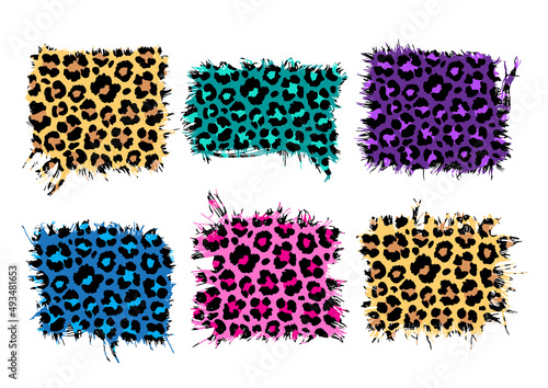 Torn fabric patchs set, Colorful leopard prints, Cheetah print frames. Leopard print banner templates, Vector illustration