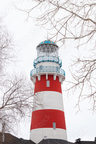 A low angle shot of a lighthouse surrounded by leafless branches of trees against a clear white cloudy sky