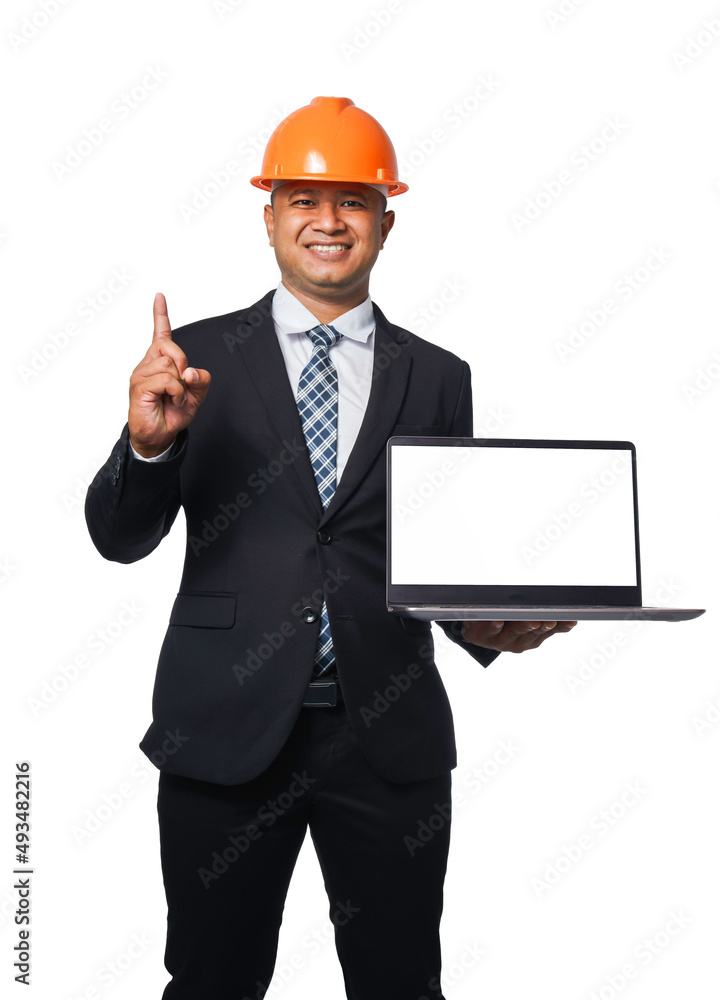 Portrait of a handsome chief engineer wearing a black suit and orange helmet holding a laptop isolated on white background, with clipping path copy space. Portrait of a handsome chief engineer wearing a black suit and orange helmet holding a laptop isolated on white background, with clipping path copy space.