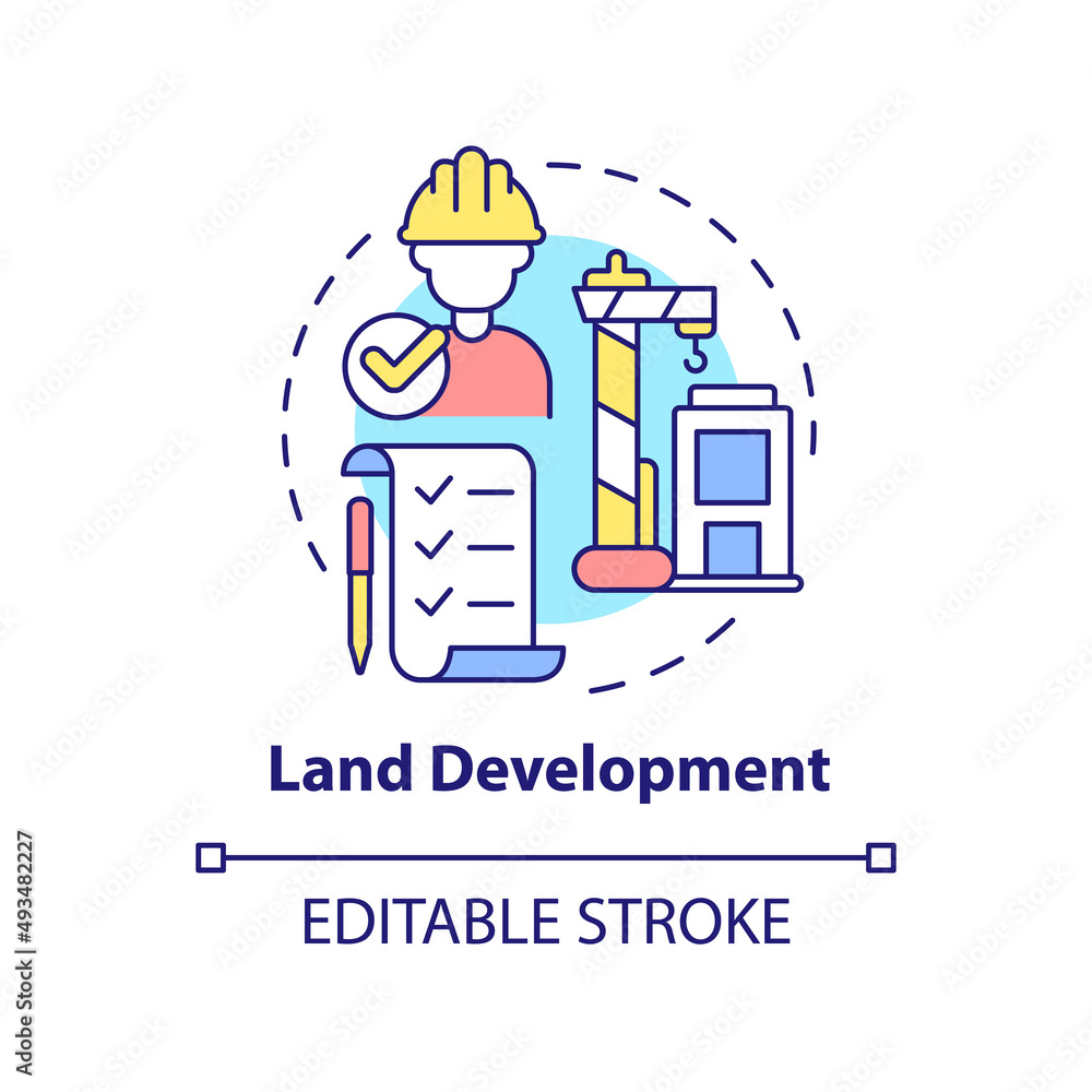 Land development concept icon. Land management practice abstract idea thin line illustration. Building construction. Isolated outline drawing. Editable stroke. Arial, Myriad Pro-Bold fonts used