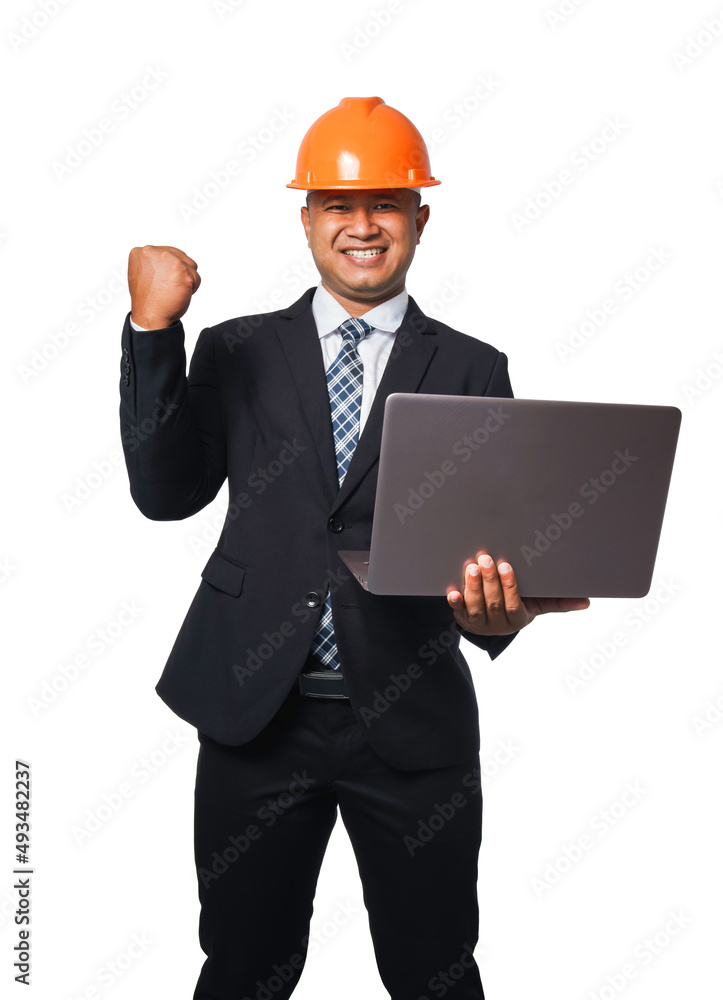 Portrait of a handsome chief engineer wearing a black suit and orange helmet holding a laptop isolated on white background, with clipping path. Portrait of a handsome chief engineer wearing a black suit and orange helmet holding a laptop isolated on white background, with clipping path.