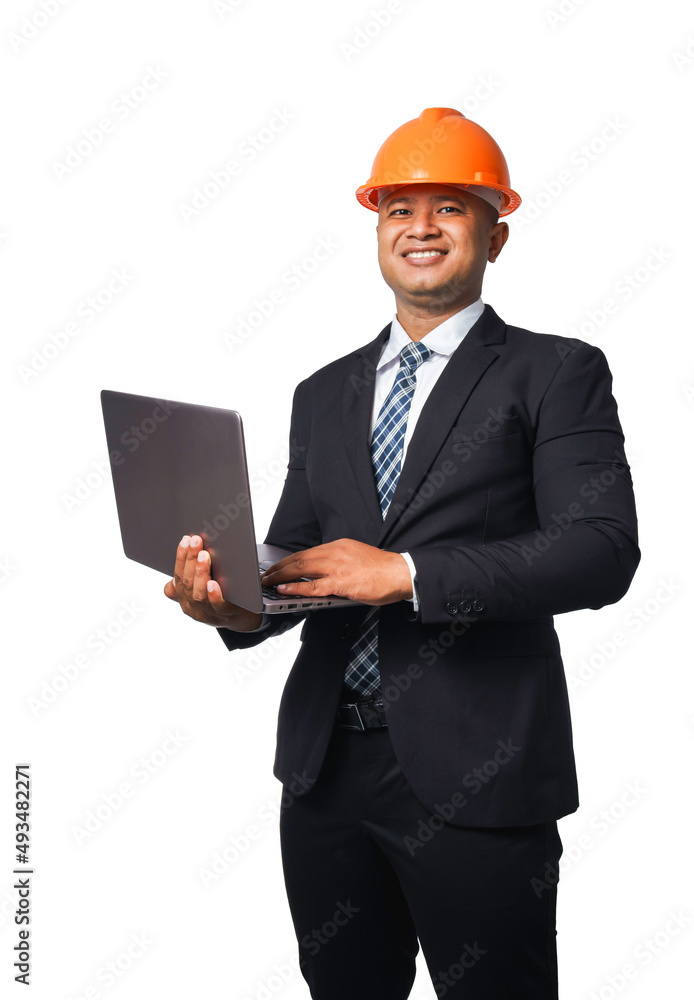 Portrait of a handsome chief engineer wearing a black suit and orange helmet holding a laptop isolated on white background, with clipping path. Portrait of a handsome chief engineer wearing a black suit and orange helmet holding a laptop isolated on white background, with clipping path.