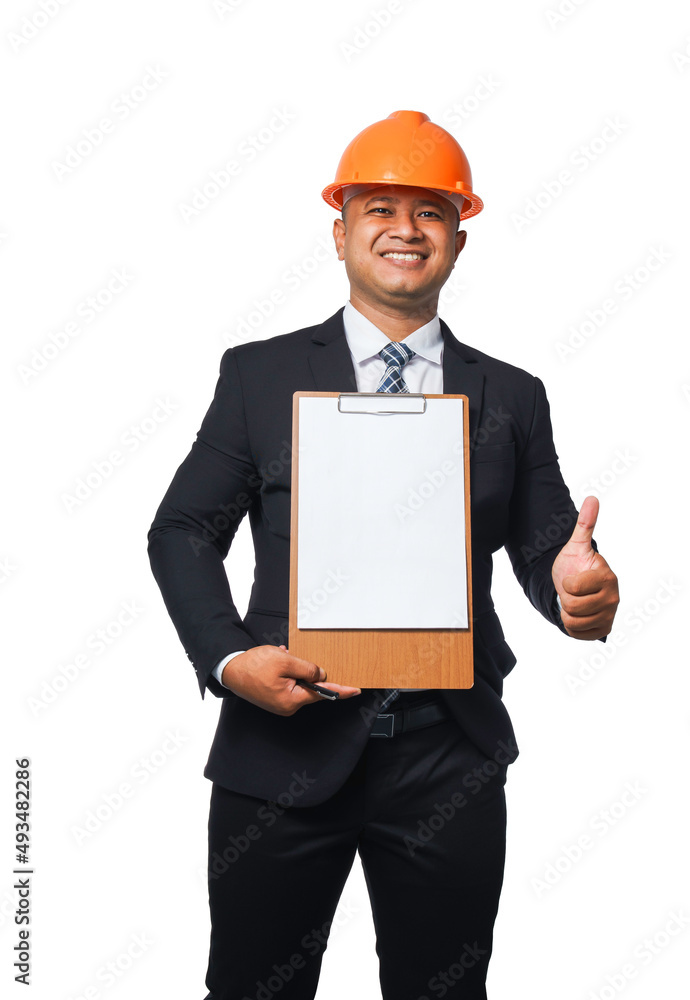 Portrait of a handsome Chief Engineer wearing a black suit and orange helmet showing clipboard isolated on white background with clipping path copy space. Portrait of a handsome Chief Engineer wearing a black suit and orange helmet showing clipboard isolated on white background with clipping path copy space.