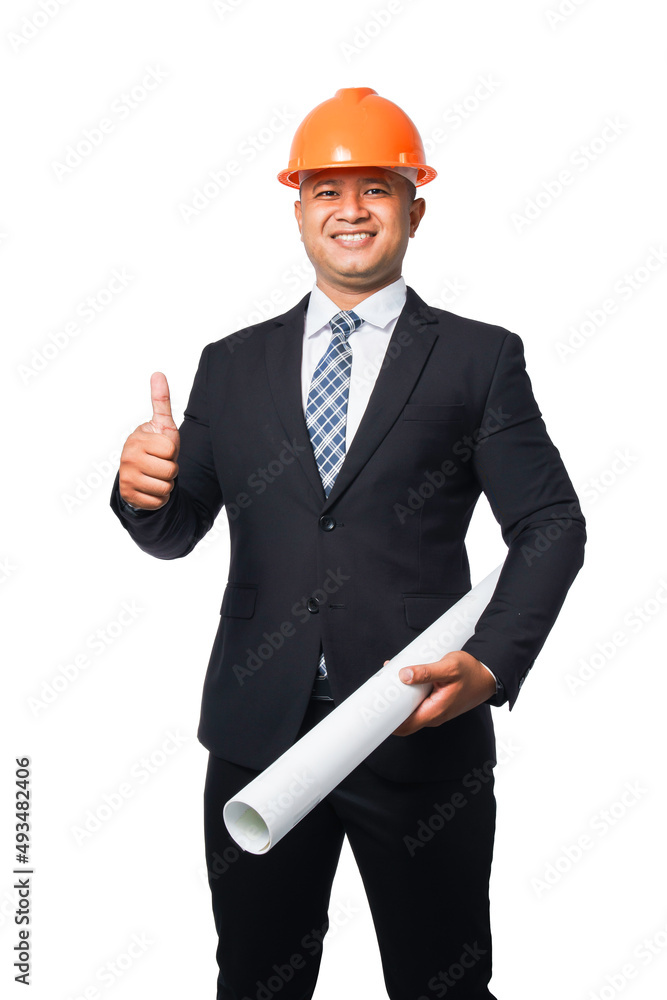 Portrait of handsome chief engineer wearing black suit hard hat standing holding blueprint and thumbs up isolated on white background, with clipping path.
