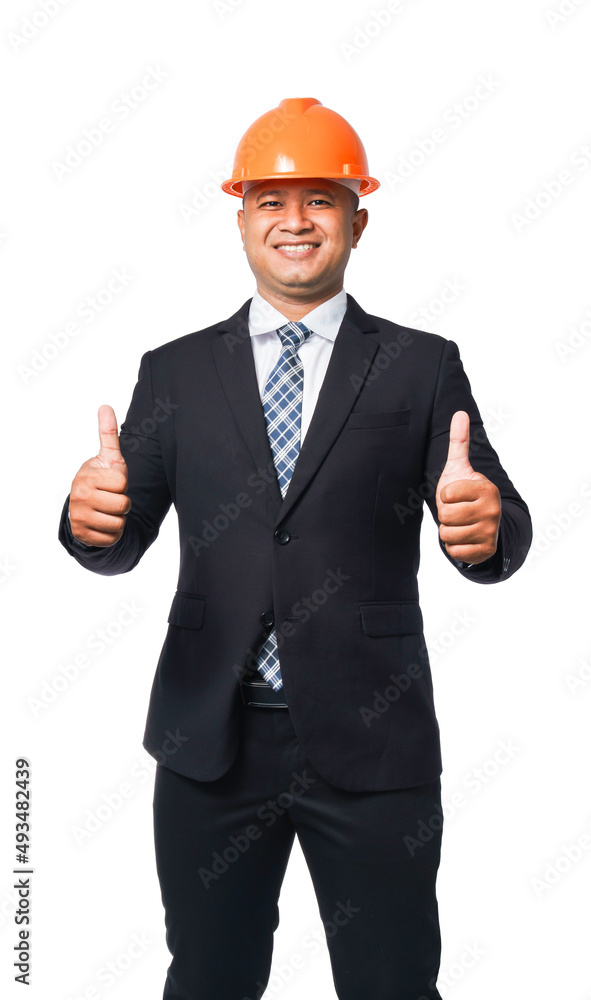 Portrait of a handsome chief engineer wearing a black suit and hard hat standing with a thumbs up. isolated on white background with clipping path Portrait of a handsome chief engineer wearing a black suit and hard hat standing with a thumbs up. isolated on white background with clipping path