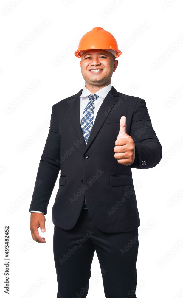 Portrait of a handsome chief engineer wearing a black suit and hard hat standing with a thumbs up. isolated on white background with clipping path Portrait of a handsome chief engineer wearing a black suit and hard hat standing with a thumbs up. isolated on white background with clipping path