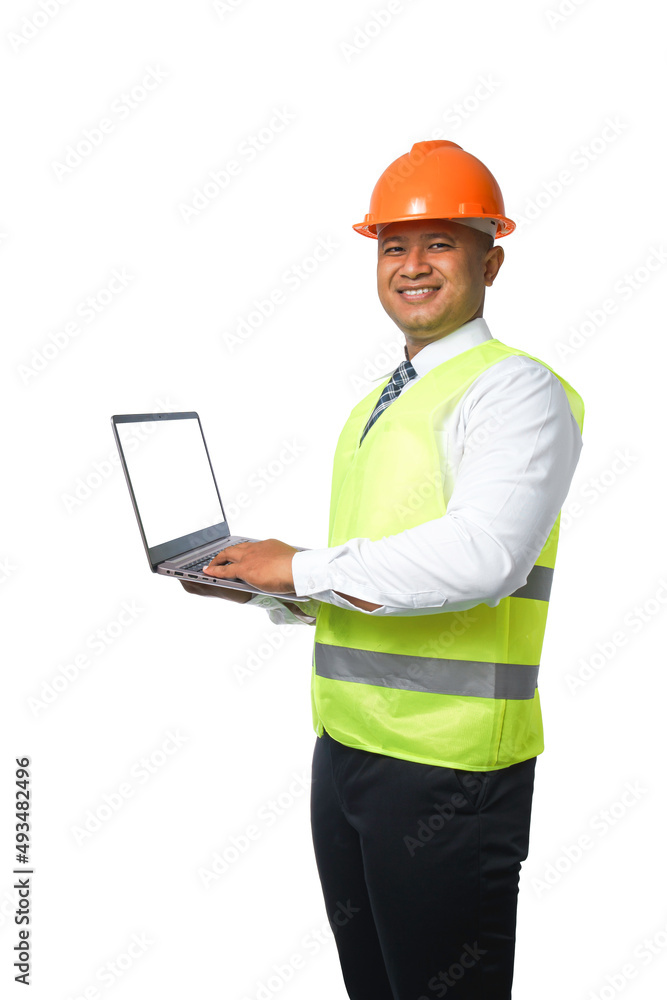 Portrait of a handsome chief engineer wearing a hard hat. Wearing a reflective tiger holding a laptop. isolated on a white background clipping path.copy space. Portrait of a handsome chief engineer wearing a hard hat. Wearing a reflective tiger holding a laptop. isolated on a white background clipping path.copy space.
