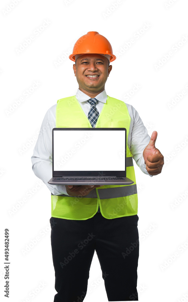 Portrait of a handsome chief engineer wearing a hard hat. Wearing a reflective tiger holding a laptop. isolated on a white background clipping path.copy space. Portrait of a handsome chief engineer wearing a hard hat. Wearing a reflective tiger holding a laptop. isolated on a white background clipping path.copy space.