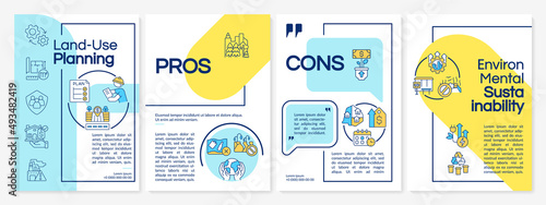 Land use planning process blue and yellow brochure template. Pros and cons. Leaflet design with linear icons. 4 vector layouts for presentation, annual reports. Questrial, Lato-Regular fonts used