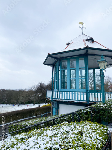 Snowy pavilion in the park