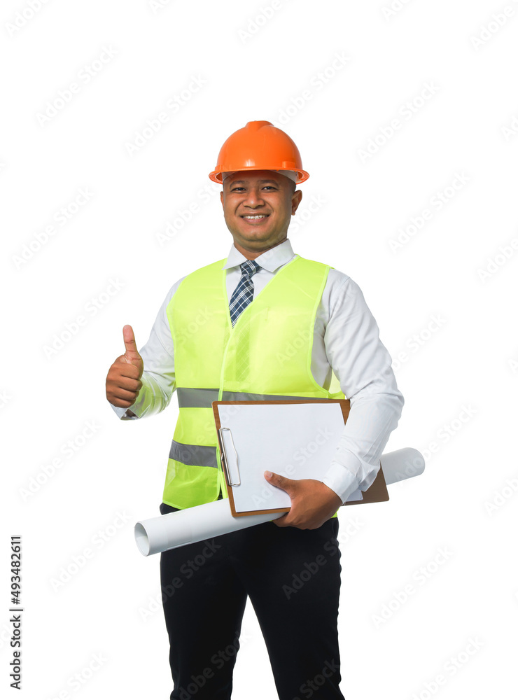 Portrait of a handsome chief engineer wearing a hard hat. Put on a reflective vest. Hold a clipboard and blueprints. isolated on a white background clipping path Portrait of a handsome chief engineer wearing a hard hat. Put on a reflective vest. Hold a clipboard and blueprints. isolated on a white background clipping path