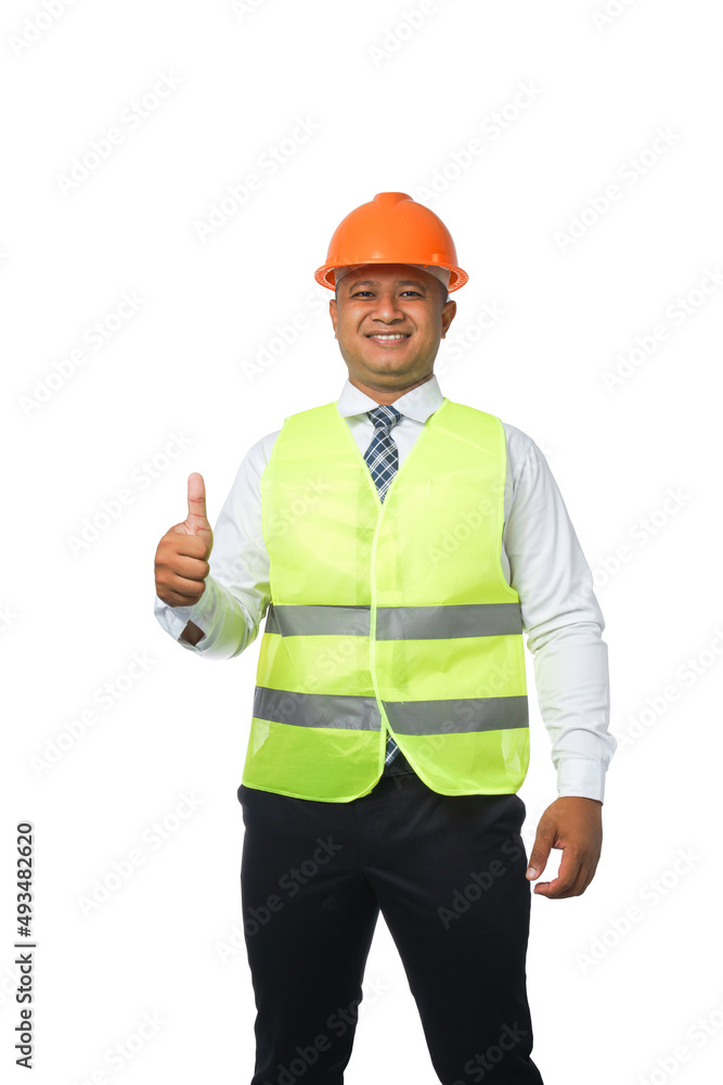 Portrait of a handsome chief engineer wearing a hard hat. Wear a reflective vest. isolated on a white background clipping path Portrait of a handsome chief engineer wearing a hard hat. Wear a reflective vest. isolated on a white background clipping path