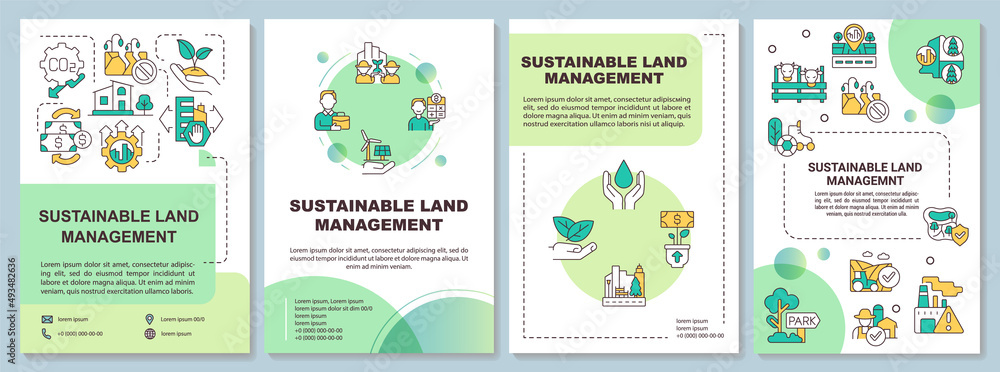 Sustainable land management principles green brochure template. Leaflet design with linear icons. 4 vector layouts for presentation, annual reports. Arial-Bold, Myriad Pro-Regular fonts used
