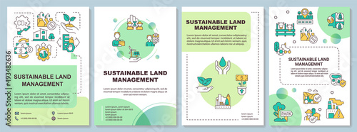 Sustainable land management principles green brochure template. Leaflet design with linear icons. 4 vector layouts for presentation, annual reports. Arial-Bold, Myriad Pro-Regular fonts used
