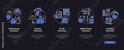 Types of property insurance night mode onboarding mobile app screen. Walkthrough 5 steps graphic instructions pages with linear concepts. UI, UX, GUI template. Myriad Pro-Bold, Regular fonts used