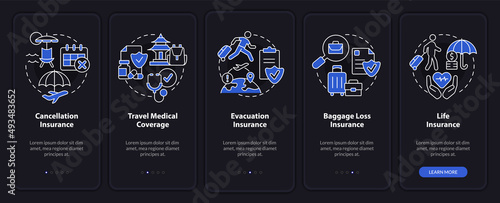 Types of travel insurance night mode onboarding mobile app screen. Walkthrough 5 steps graphic instructions pages with linear concepts. UI, UX, GUI template. Myriad Pro-Bold, Regular fonts used