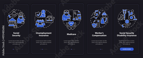 Federal social insurance night mode onboarding mobile app screen. Walkthrough 5 steps graphic instructions pages with linear concepts. UI, UX, GUI template. Myriad Pro-Bold, Regular fonts used