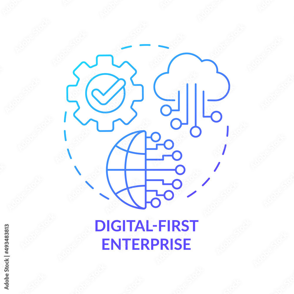 Digital-first enterprise blue gradient concept icon. Corporate technology. Trends in business abstract idea thin line illustration. Isolated outline drawing. Myriad Pro-Bold font used Digital-first enterprise blue gradient concept icon. Corporate technology. Trends in business abstract idea thin line illustration. Isolated outline drawing. Myriad Pro-Bold font used