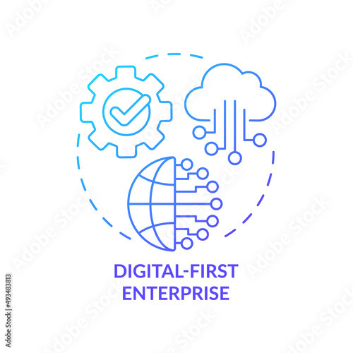 Digital-first enterprise blue gradient concept icon. Corporate technology. Trends in business abstract idea thin line illustration. Isolated outline drawing. Myriad Pro-Bold font used