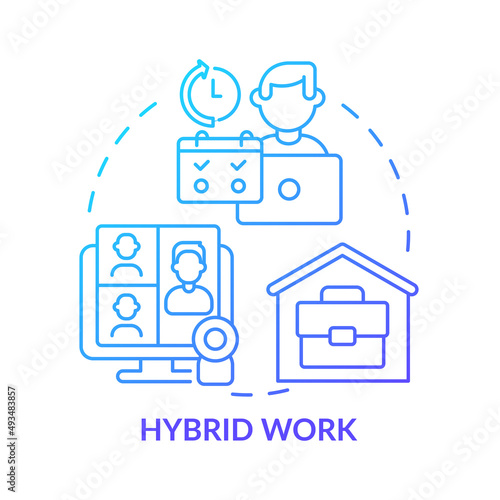 Hybrid work blue gradient concept icon. Flexible shifts time. Remote job. Workplace. Trends in enterprise abstract idea thin line illustration. Isolated outline drawing. Myriad Pro-Bold font