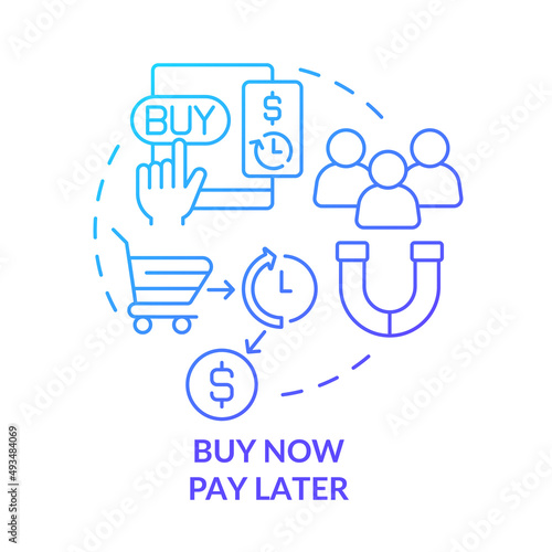 Buy now pay later blue gradient concept icon. Credit for consumers. Retail strategy trends abstract idea thin line illustration. Isolated outline drawing. Myriad Pro-Bold font used