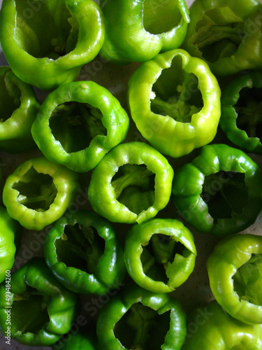 Deseeded green bell peppers ready to cook biber dolma (stuffed bell pepper). Stuffed bell pepper is a traditional Turkish dish cooked with or without meat.       photo