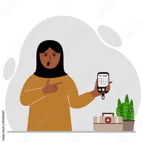 Screaming muslim woman holds a glucometer in his hand. The concept of blood sugar control, diabetic.