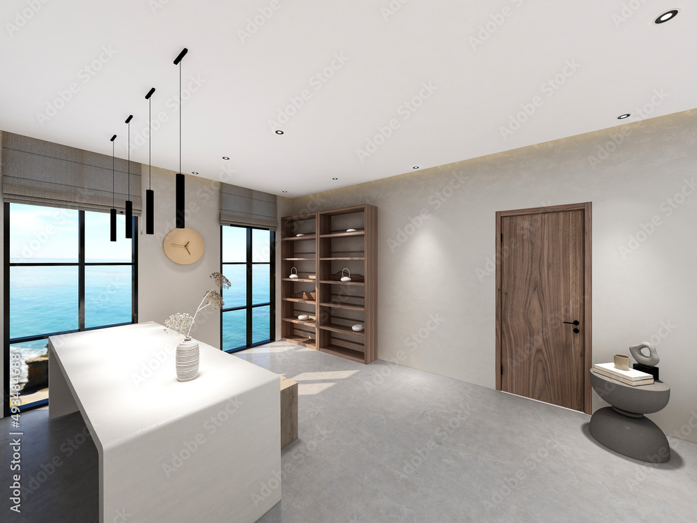 Fototapeta premium 3D rendering, spacious dining room design next to the modern kitchen, with a beautiful dining table and greenery