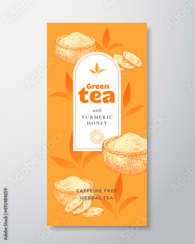 Fruit and Berries Tea Label Template. Abstract Vector Packaging Design Layout with Realistic Shadows. Hand Drawn Turmeric Curcuma Powder Bowl and Tea Leaves Decor Silhouettes Background. Isolated