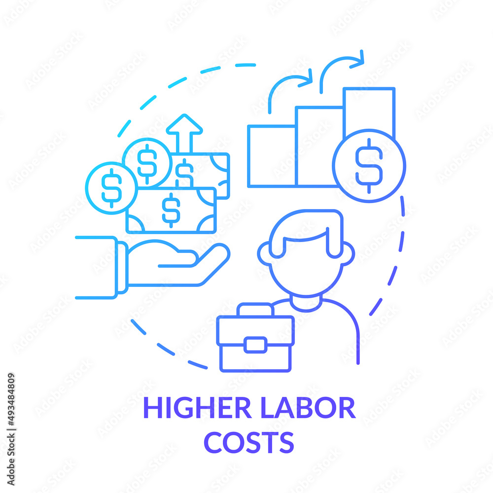 Higher labor costs blue gradient concept icon. Wage rates and worker