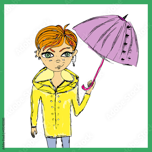 Funny redhead girl with freckles in a raincoat and a lilac umbrella. Coloring, Funny drawing, cartoon