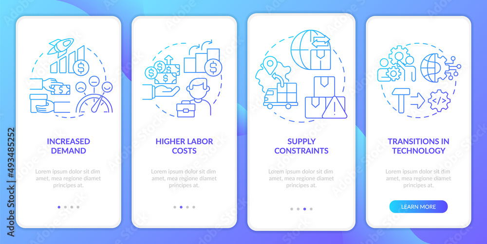 Naklejka premium Macro trends in economy blue gradient onboarding mobile app screen. Walkthrough 4 steps graphic instructions pages with linear concepts. UI, UX, GUI template. Myriad Pro-Bold, Regular fonts used